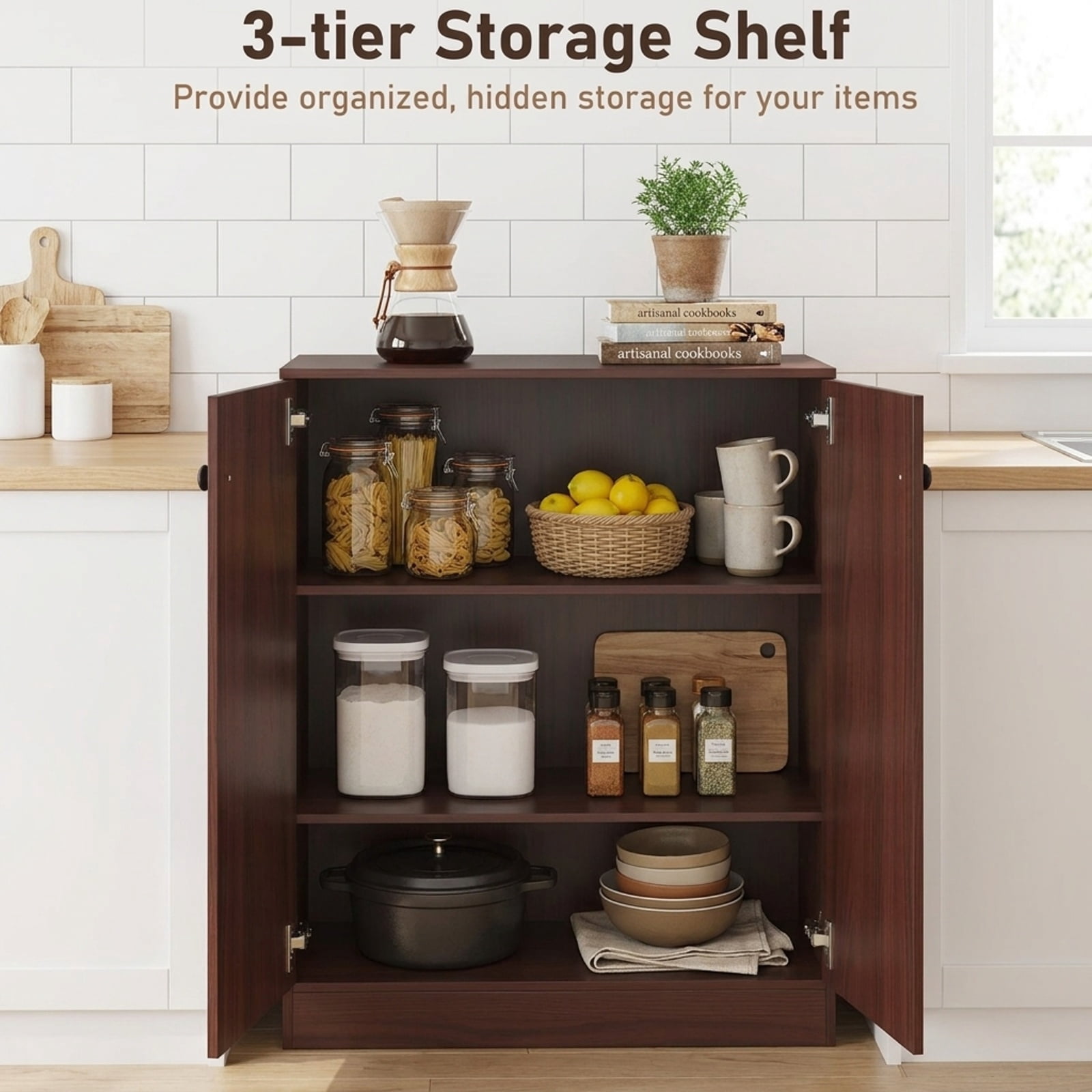 Furnibear 2 Door Modern Accent Cabinet with 3 Tier Shelf and Display Top Sideboard Buffet for Entryway Hallway and Living Room, Brown