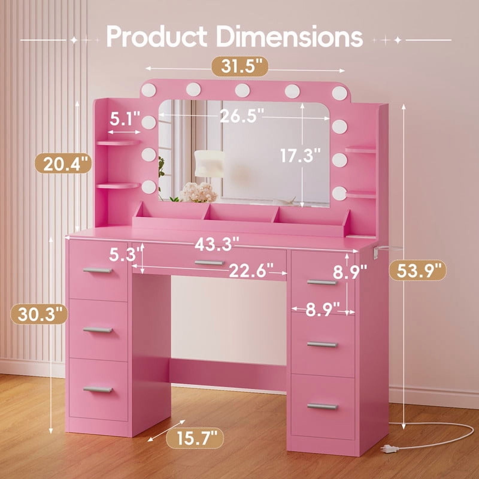 Furmax Vanity Set with Large Mirror & Adjustable Lights, Makeup Vanity Table with 7 Drawers & Open Shelves Vanity Desk for Bedroom, Pink