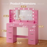 Furmax Vanity Set with Large Mirror & Adjustable Lights, Makeup Vanity Table with 7 Drawers & Open Shelves Vanity Desk for Bedroom, Pink
