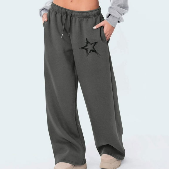 ClodeEU Women's Star Print Sweatpants,Elastic Waist With Drawstring , Baggy Wide Leg Sweatpants with Pockets Dark Gray,Womens Plus XL