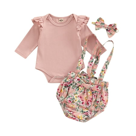 

Musuos Baby Girls Pants Suit Long Sleeve Round Neck Ruffle Romper Shirt + Suspender Floral Shorts + Bow Headband