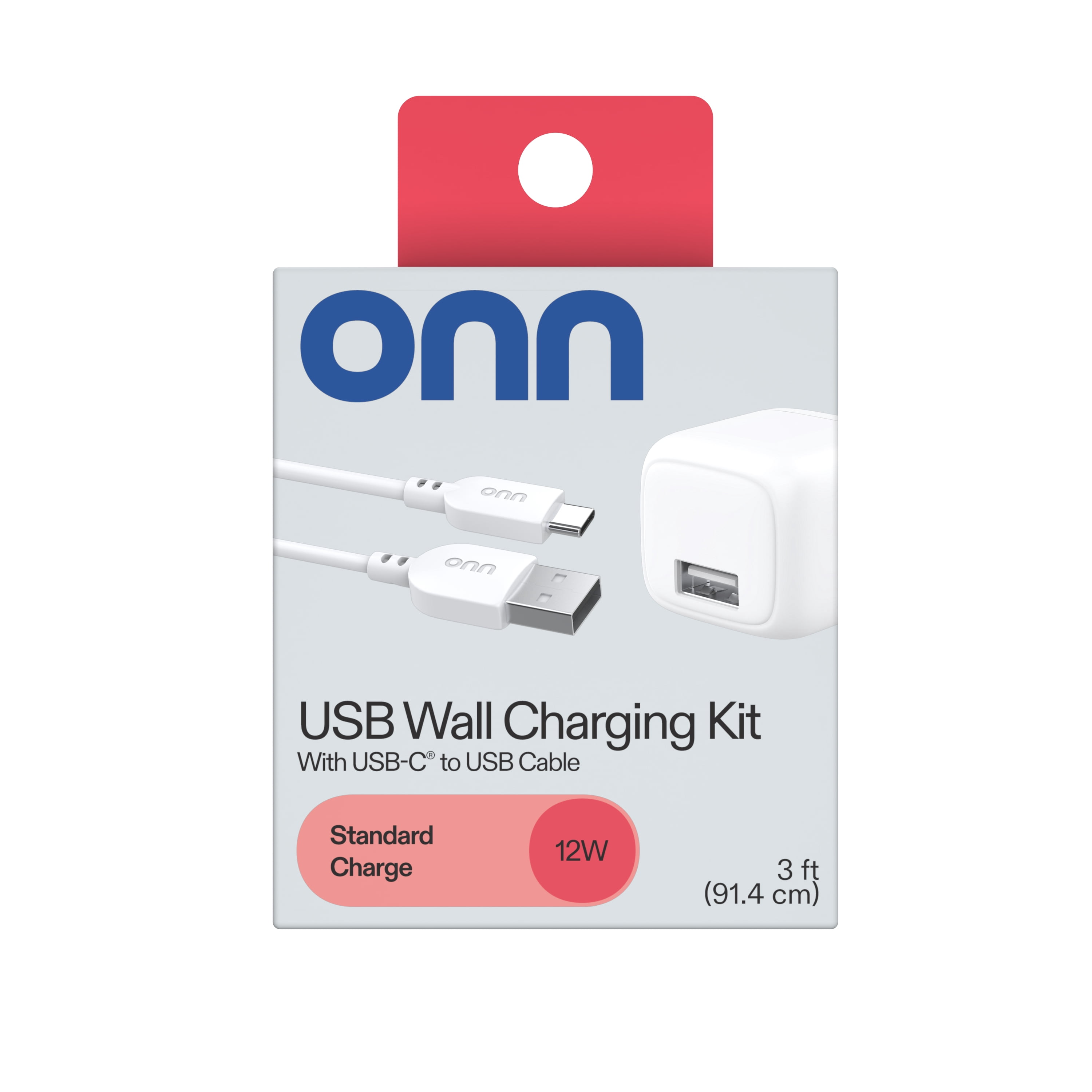 (5 pack) onn 12W Wall Charger with Single USB-A Port and 3ft USB-C Cable, Foldable Plug, White