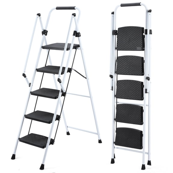 Step Ladder ladder, folding ladder stool, with anti slip wide pedals, steel ladder, with safety anti slip handle, lightweight 330 pound portable steel ladder stool in White 5 steps,Aluminum Ladder