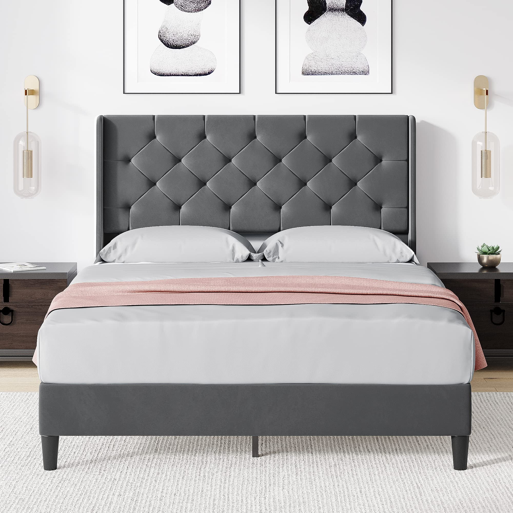 Oyang Full Bed Frame with Wingback, Upholstered Platform Bed with