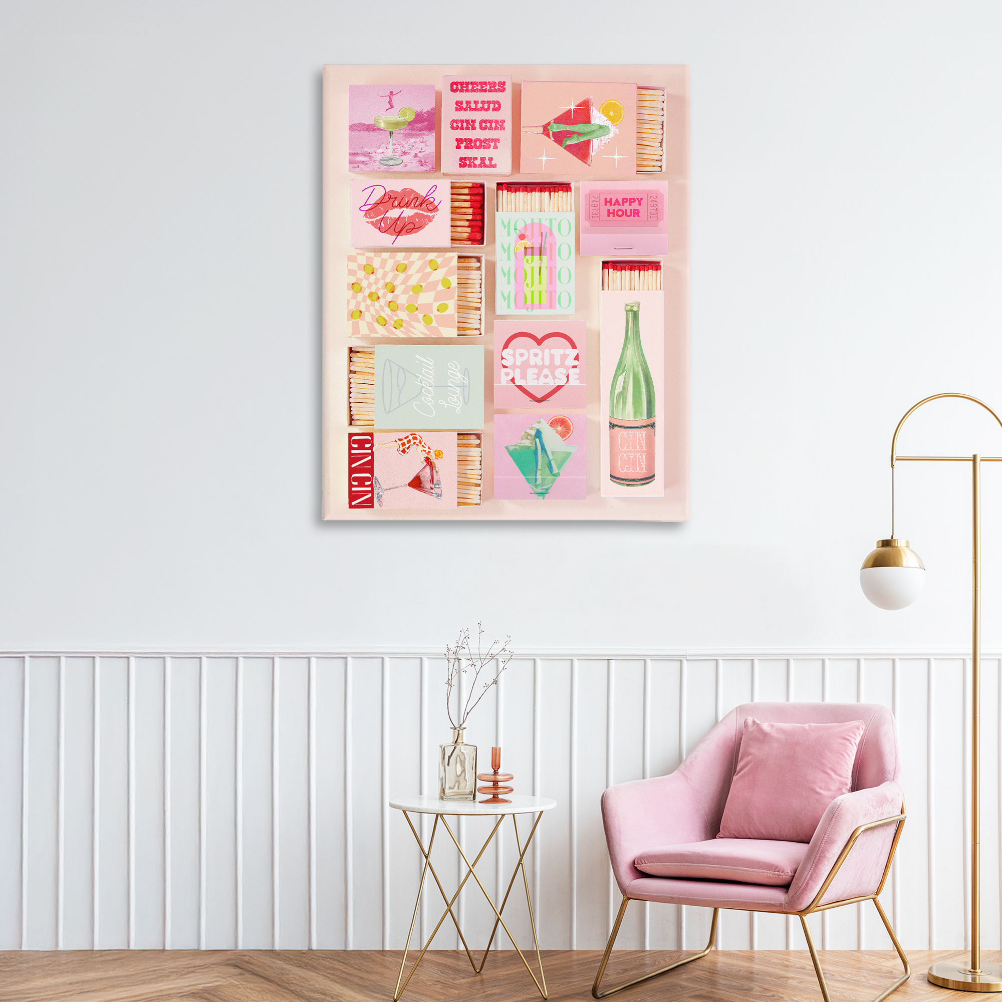 Glam Cocktails Retro Matches Canvas Wall Art, design by Lil' Rue