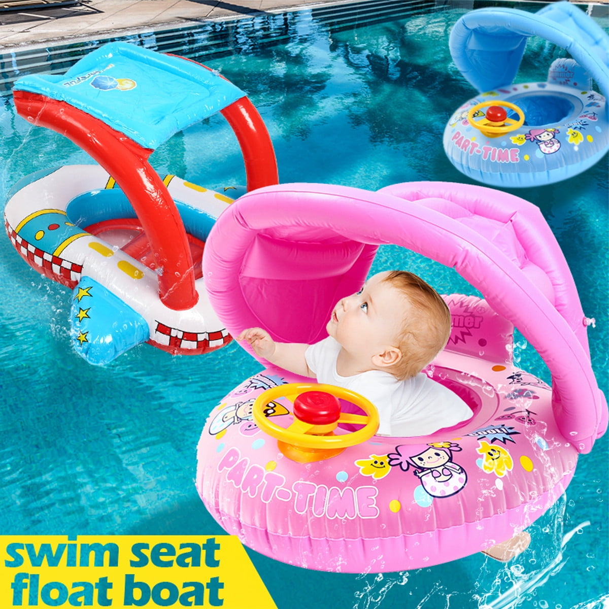 Adjustable Inflatable Sunshade Baby Kid Float Seat Boat Swim Pool Ring Wheel NEW 