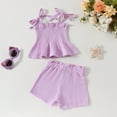 thumbnail image 2 of UAYOTSE Toddler Baby Girl Summer Clothes Sleeveless Ruffle Crop Top and Cotton Linen shorts set Solid Color Outfit,18-24 Months Purple, 2 of 6