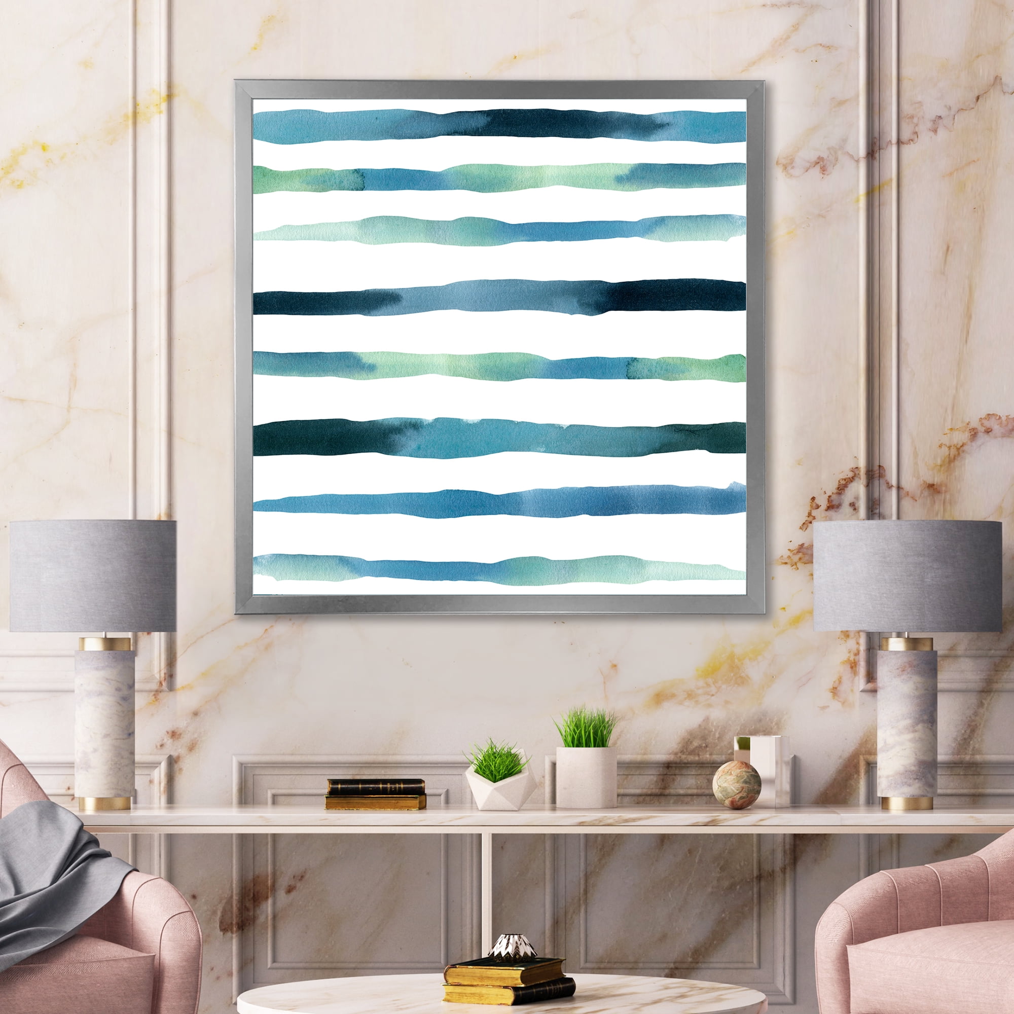 Designart 'Dark Blue Verticals Aquatic ' Modern Framed Art Print