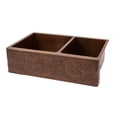 thumbnail image 3 of Premier Copper Products 33-inch Hammered Copper Kitchen Apron 60/40 Double Basin Sink w/ Scroll Design with Matching Drains, and Accessories, 3 of 5