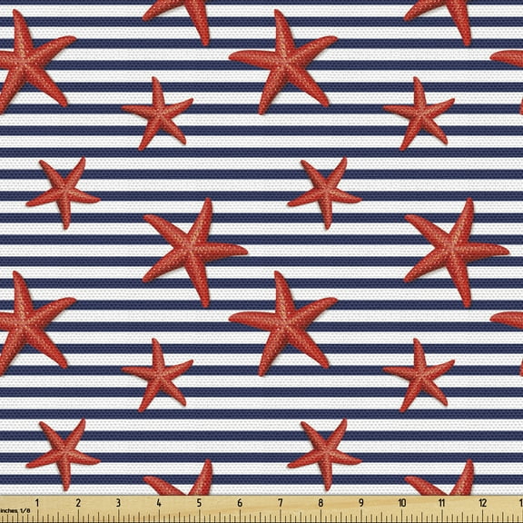 Ambesonne Starfish Fabric by the Yard Upholstery, Maritime Themed Pattern, 3 Yards, Navy White Red
