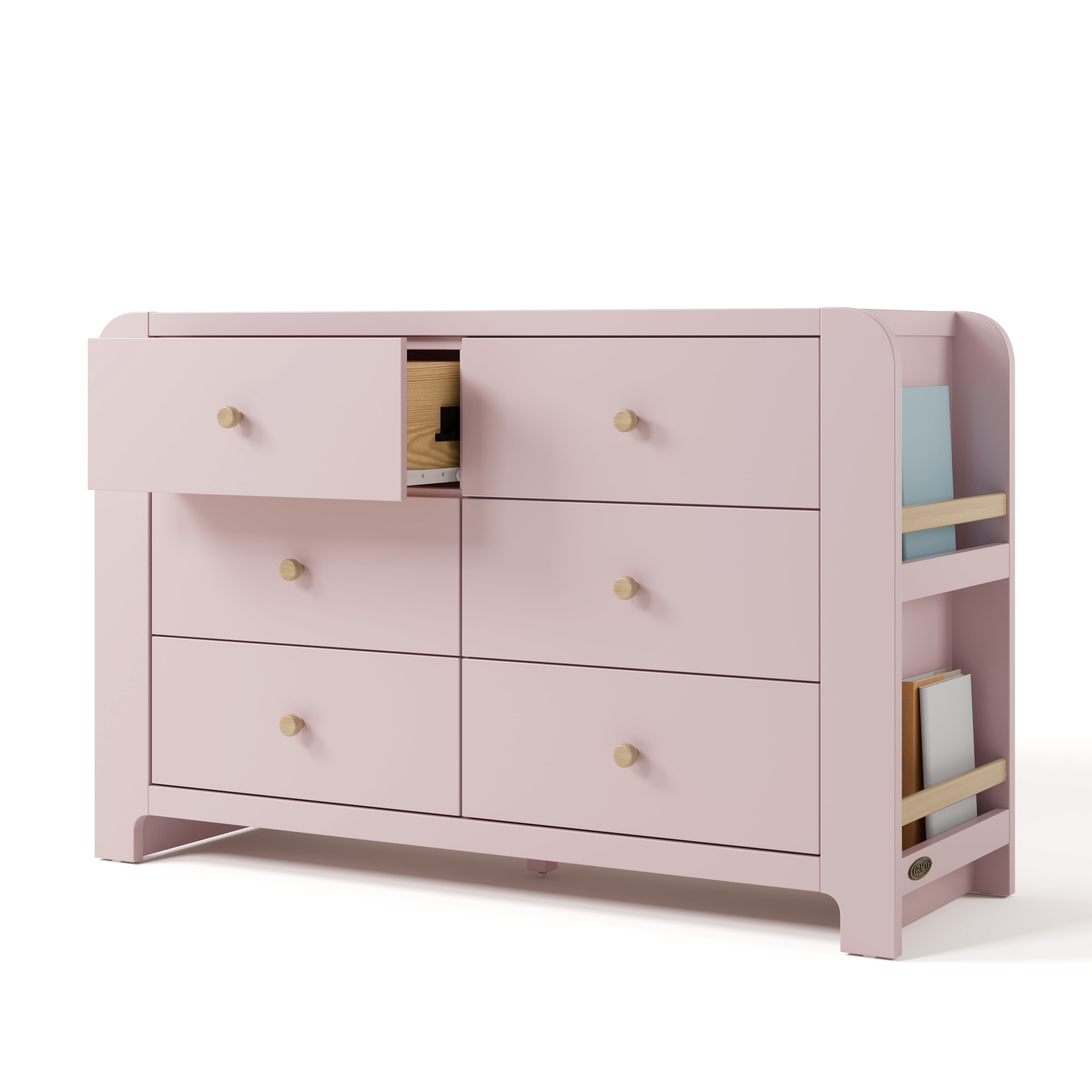 Graco Read-with-Me 6 Drawer Chest with Bookshelves, Blush with Driftwood