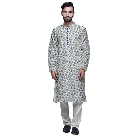 Atasi Mens Printed Modal Satin Indian Long Kurta With White Churidar Pajama Set