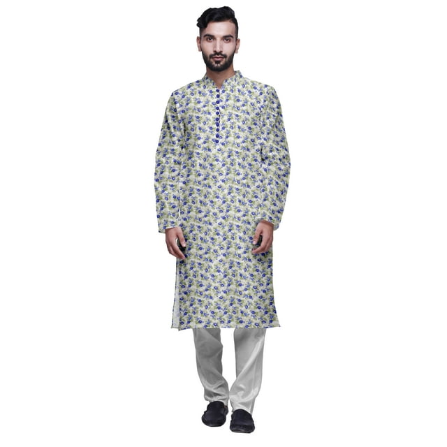 Atasi Kurta Long Indien en Satin Modal Imprimé pour Homme avec Ensemble de Pyjama Churidar Blanc