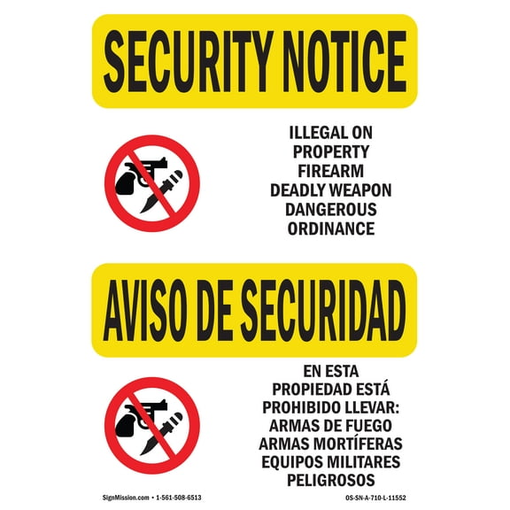 OSHA SECURITY NOTICE Sign - Illegal Property Weapon Bilingual | Decal | Protect Your Business, Work Site, Warehouse & Shop Area | Made in the USA