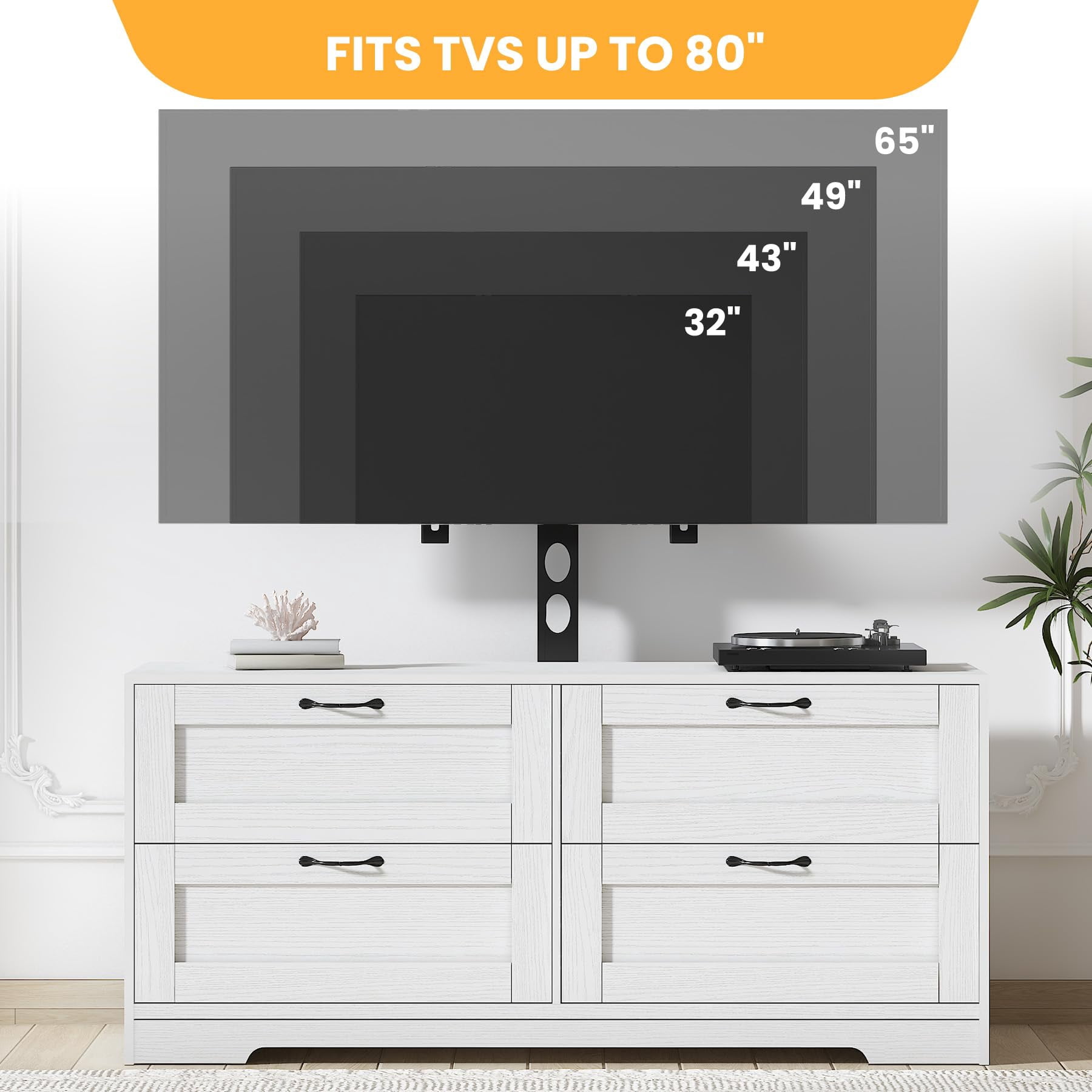 TV Stand with Mount & 4 Drawers, Wooden Entertainment Center for TVs Up to 80 Inch, Adjustable Media Console Table for Living Room Bedroom, White