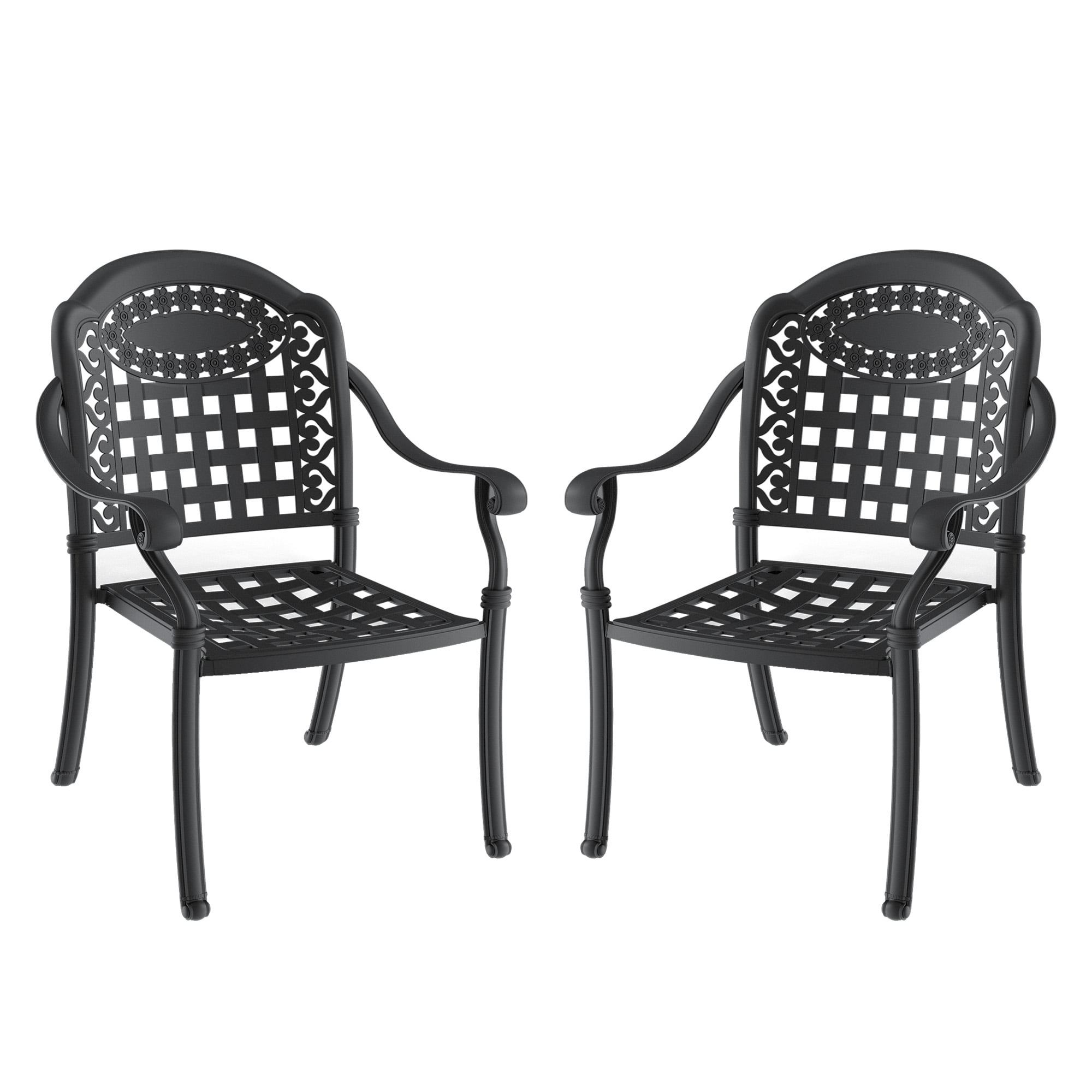 Cast Aluminum Patio Dining Chairs Set of 2 with Black Frame and Blue Cushions for Garden Deck, Black