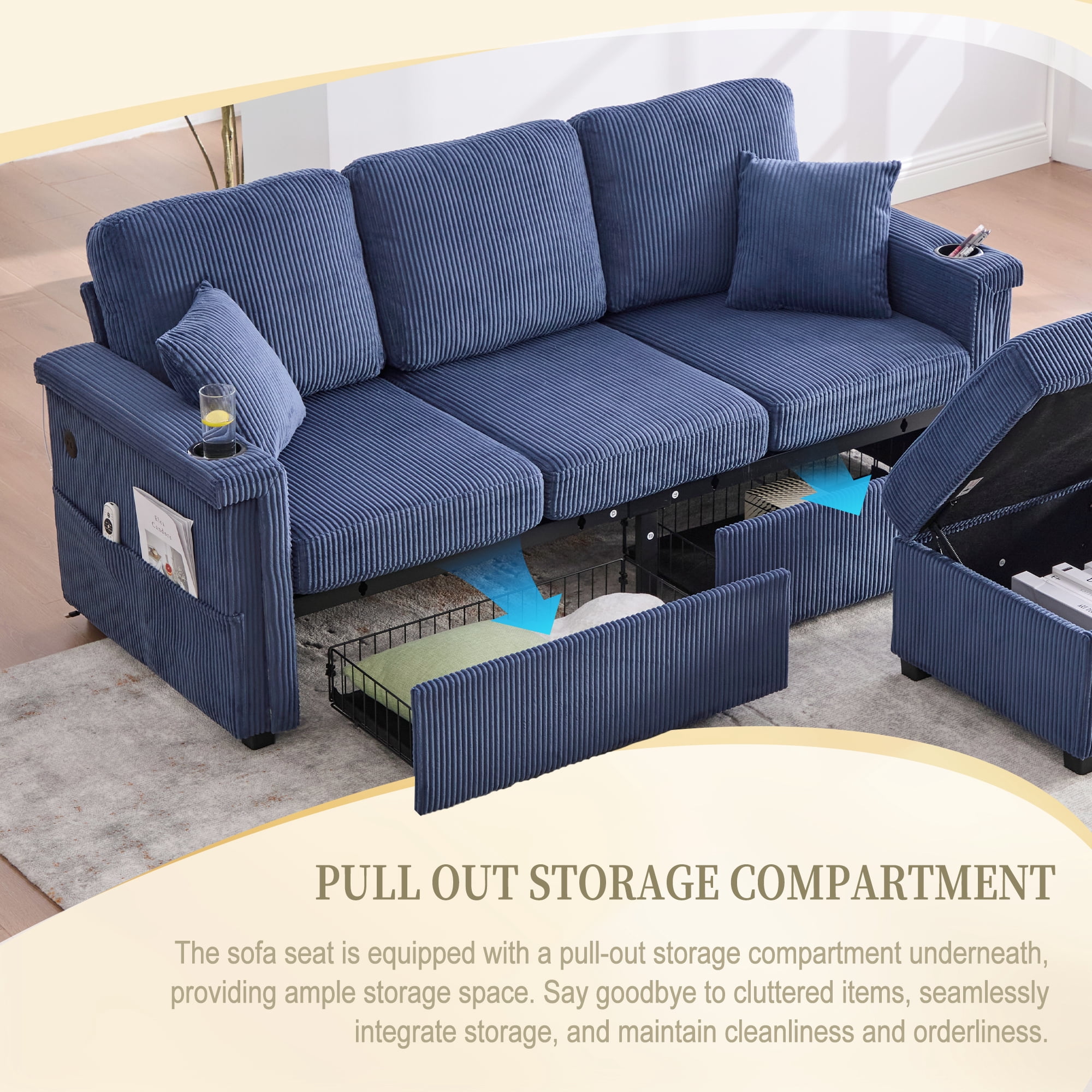 MOONMISS Corduroy Upholstered L-shaped Pull-Out Storage Sectional Sofa with Storage Ottoman,USB Charging,Cup Holder-Navy Blue