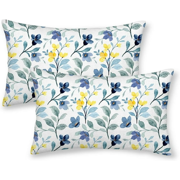 Yellow Blue Lumbar Pillow Covers 12x20 Set of 2, Floral Leaves Farmhouse Decorations Throw Pillow Covers Vintage Watercolor Plants Outdoor Decorative Linen Cushion Case for Couch Sofa Home