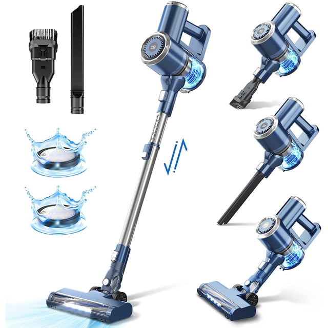 Refurbished Prettycare W200 Cordless Stick Vacuum Cleaner, a lightweight stick vacuum in blue with 20kpa strong suction. Comes with attachments like a brush tool, crevice tool, and washable filters for versatile cleaning. Suitable for hard floors and carpets.