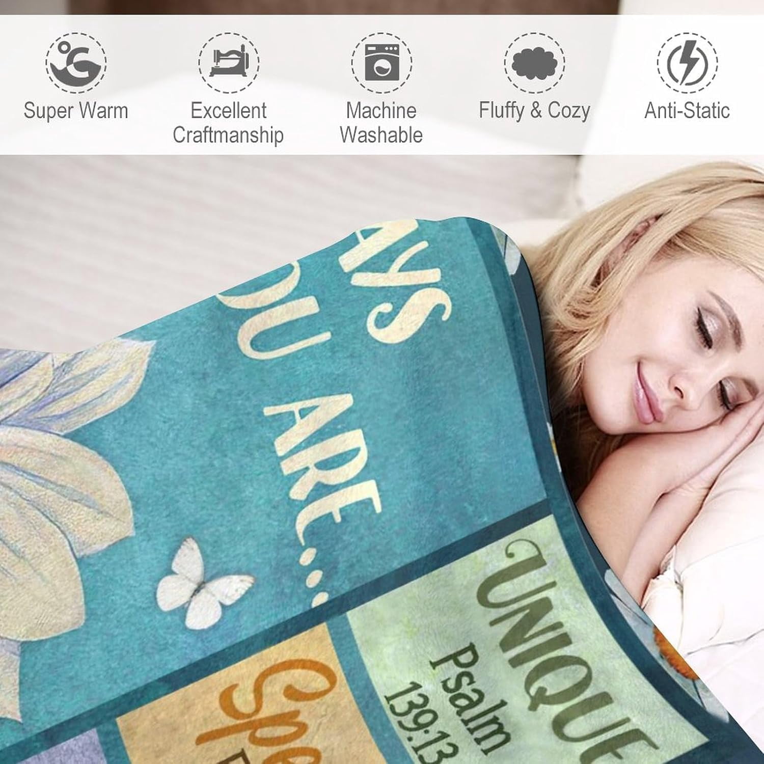 Daisy Butterfly Blanket Christian Bible Verse Scripture Prayer Inspirational Throw Blanket Gifts for Girls Boys Winter Bedding Super Warm Soft Plush Fleece Flannel Blanket for Kids Adult Women 50"x60"