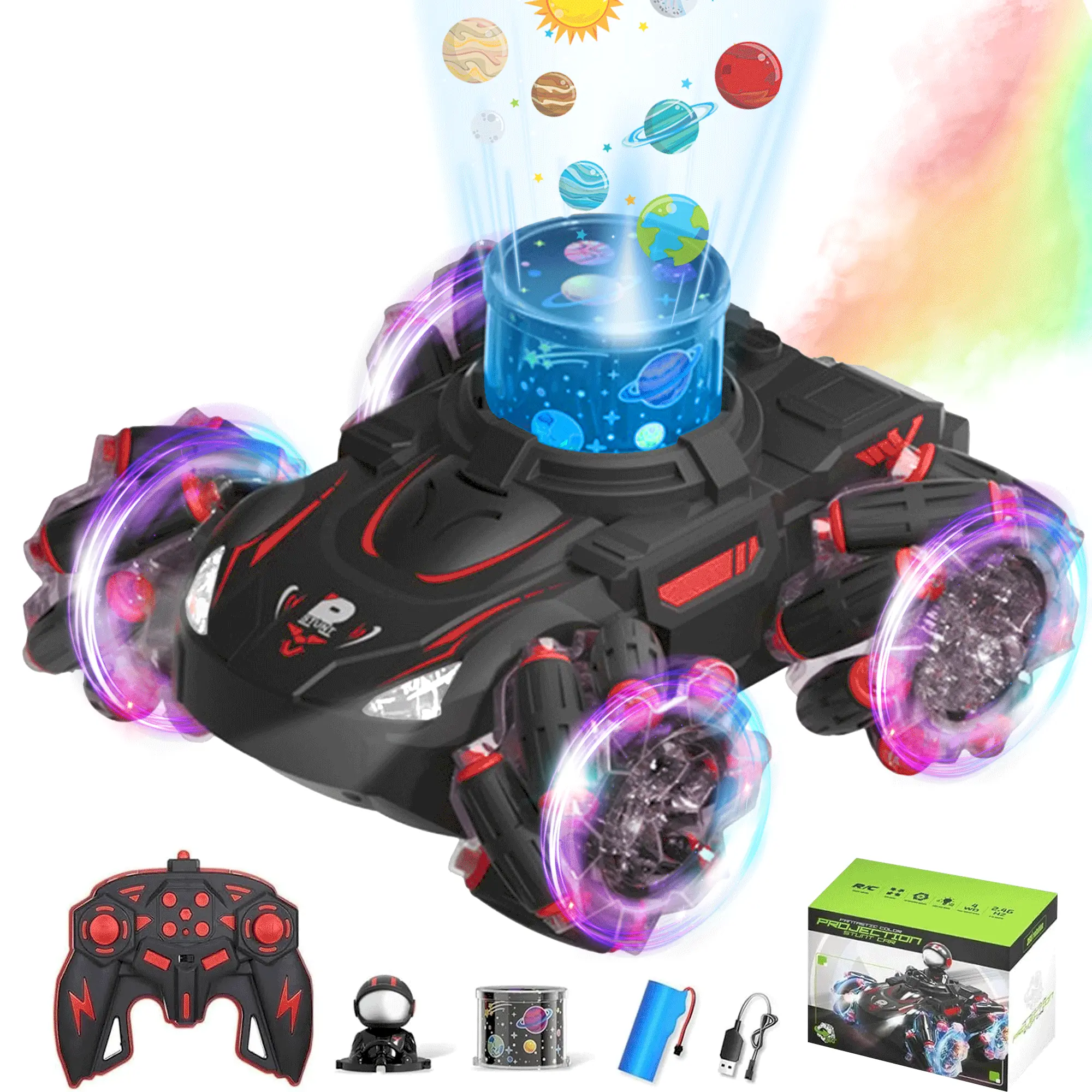 Lvelia Remote Control Cars,2.4Ghz RC Stunt Cars with Light Projection & 360° Flips & Spray, Rechargeable 4WD off Road Drift-Toys for Kids Boys Chritmas Birthday Gift