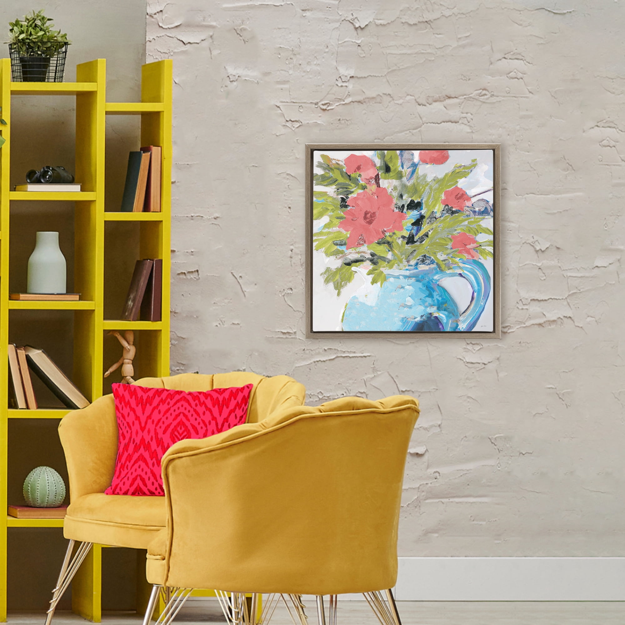 Stupell Industries Daisies in Blue Vase Brown Framed Floater Canvas Wall Art, design by Jane Slivka