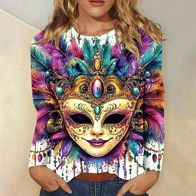 Xuyuer 2026 Womens Long Sleeve Tops Mardi Gras Costumes Fashion Round Neck Printed Blouse Raglan Sleeve Plus Size Top