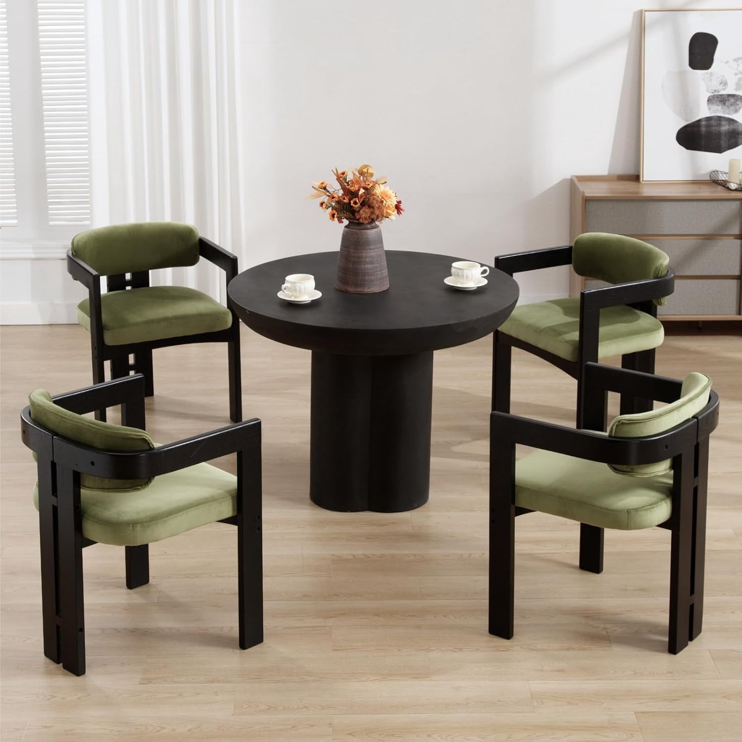 Guyou Velvet Dining Chairs - Set of 6, 24" Wide Barrel Back Armchairs for Dining Room & Kitchen, Modern Curved Back Chairs with Black Wood Frame, Olive Green