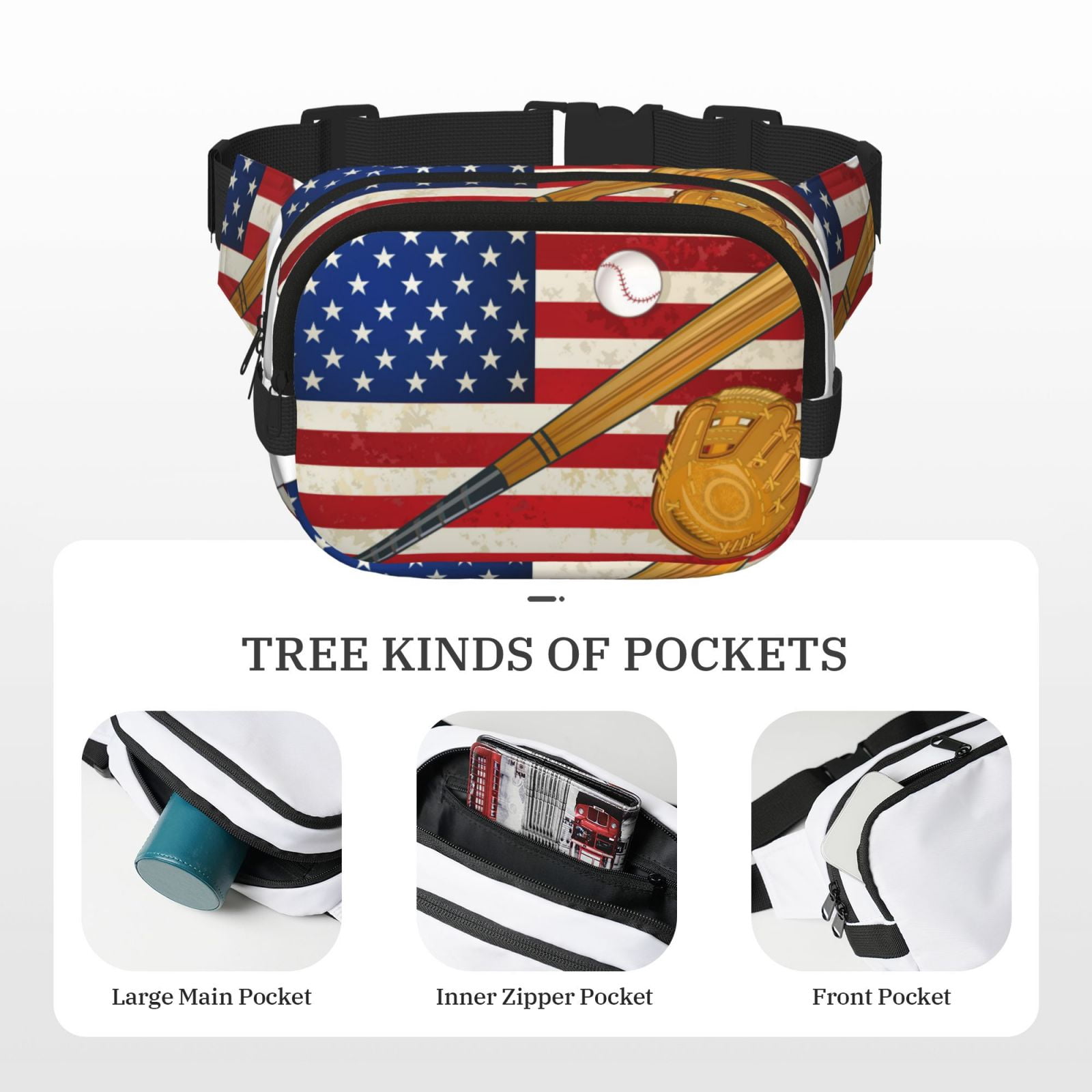 Hirioo American Flag And Baseball for Double Layer Waist Bag Adjustable Fanny Pack For Travel Running Hiking
