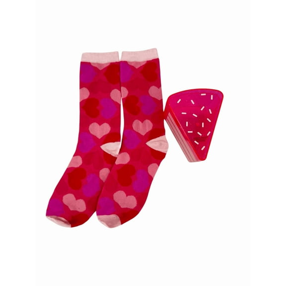 Heart Crew Socks with Cake Slice Container, One Size Fits Most, Pink and Red, Valentine's Day by Way To Celebrate