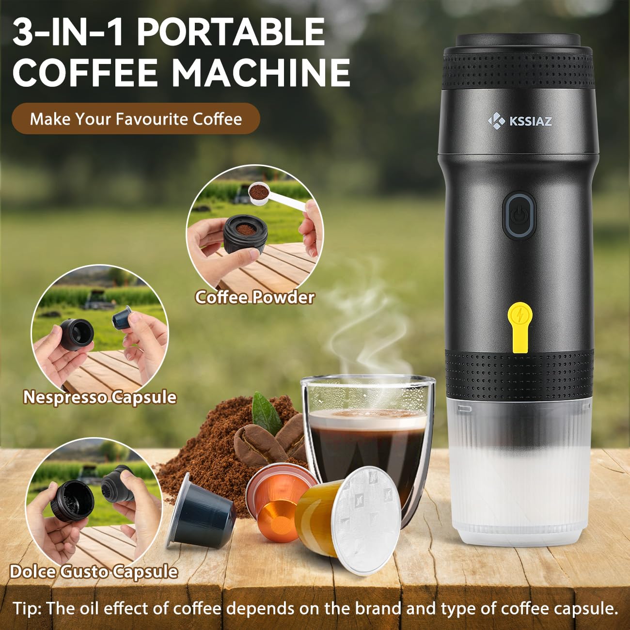 Portable Espresso Machines, Electric Espresso Maker with Self-Heating, 20 Bar Mini Coffee Maker With NS Capsule Ground Coffee for Camping Travel Office, USB-C Car Charger, Blcak