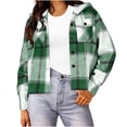 thumbnail image 2 of Xaqiouau Womens Drawstring Hooded Plaid Shacket Short Relaxed Fit Polycotton Button Down Long Sleeve Outerwear With Chest Flap Pockets Army Green L, 2 of 5
