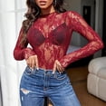 thumbnail image 6 of Stichou Womens Lace Mesh Tops Long Sleeve Floral Sheer See Through Tops Mock Neck Shirts Party Club Night Blouses Wine XL, 6 of 7
