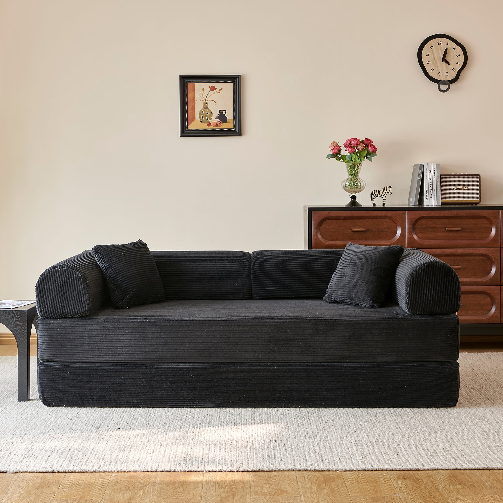 Howcool 79" Boneless Sleeper Sofa Bed, 2-in-1 Pull Out Convertible Loveseat Couch with 2 Throw Pillows, Corduroy Futon Floor Sofa for Living Room, No Assembly Required, Black