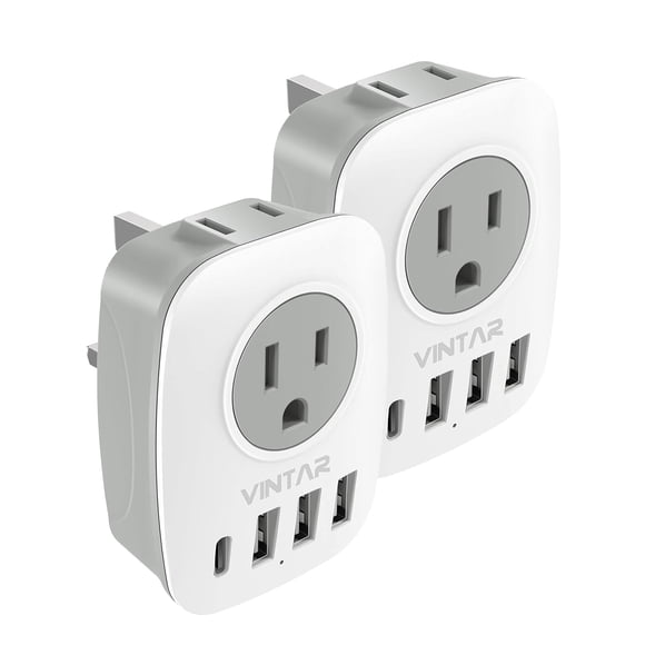 2 Pack UK Ireland Travel Plug Adapter, VINTAR Canada to UK Plug Adapter with 1 USB C, 2 American Outlets and 3 USB Ports, 6 in 1 Internatio