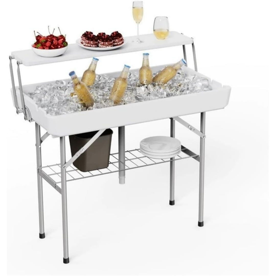 Home Outdoor Ice Cooler Folding Table with Drain, Two-Tier Ice Tables with Removable Skirt and Extra Storage Shelf, Indoor Outdoor Use for Events, Parties, Wedding, Camping, BBQ