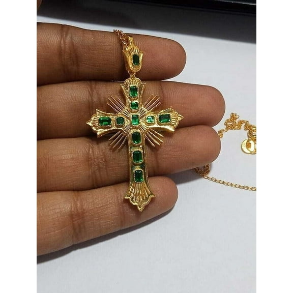 Aishvi Jewels 2 Ct Emerald Cut Lab Created Green Emerald Cross Pendant With 18" Chain 14K Yellow Gold Plated 925 Sterling Silver