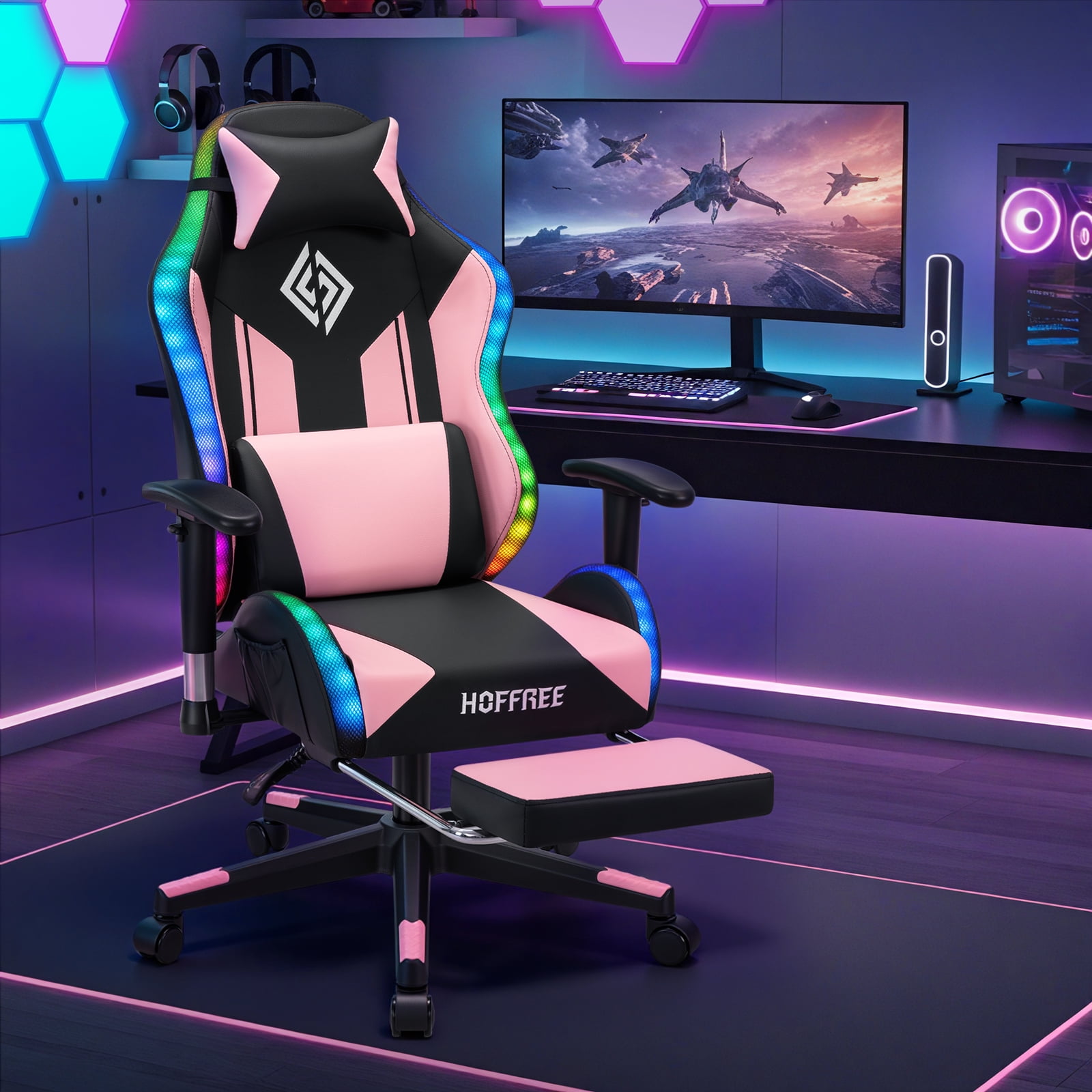 Hoffree LED Gaming Chair for Kids 8-14 Gaming Chairs for Teens with Adjustable Headrest and Lumbar Support Ergonomic PU Leather Kids Gaming Chair with Led Lights