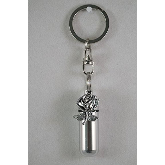 Silver Rose - Cremation Urn Keepsake on Stainless Steel Swivel Key Chain - Includes Velvet Pouch and Fill-Kit