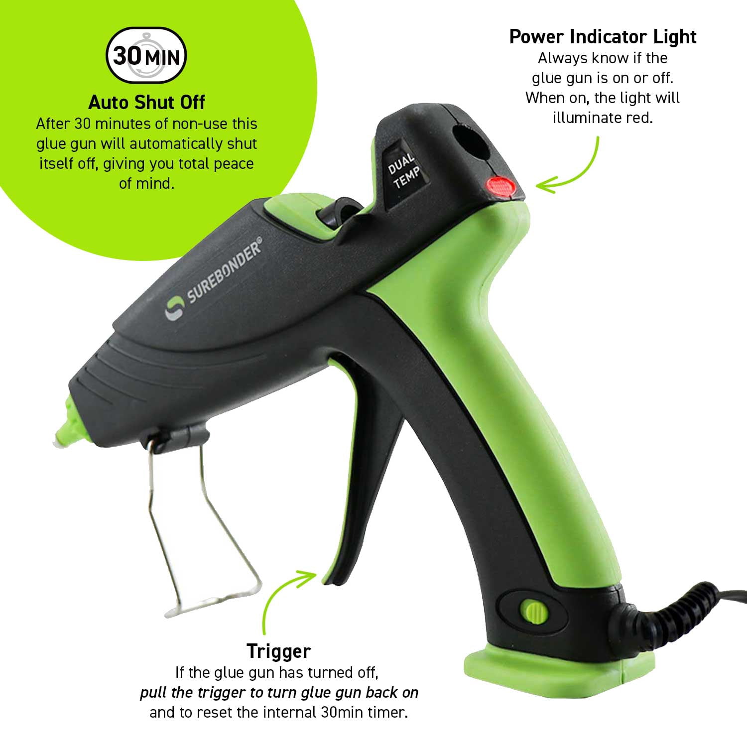 Surebonder Auto Shut Off Hot Glue Gun, Dual Temperature, Full Size, 1.5X Power of Full Size Glue Guns, Easy-Adjust Temp for Multiple Projects (Ultra Series DT-360F)