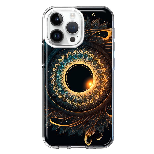 MUNDAZE Étui pour Apple iPhone 15 Pro Max Étui Rigide Mince Hybride TPU Souple Antichoc Protection Robuste - Motif Mandala Géométrie Éclipse Abstraite