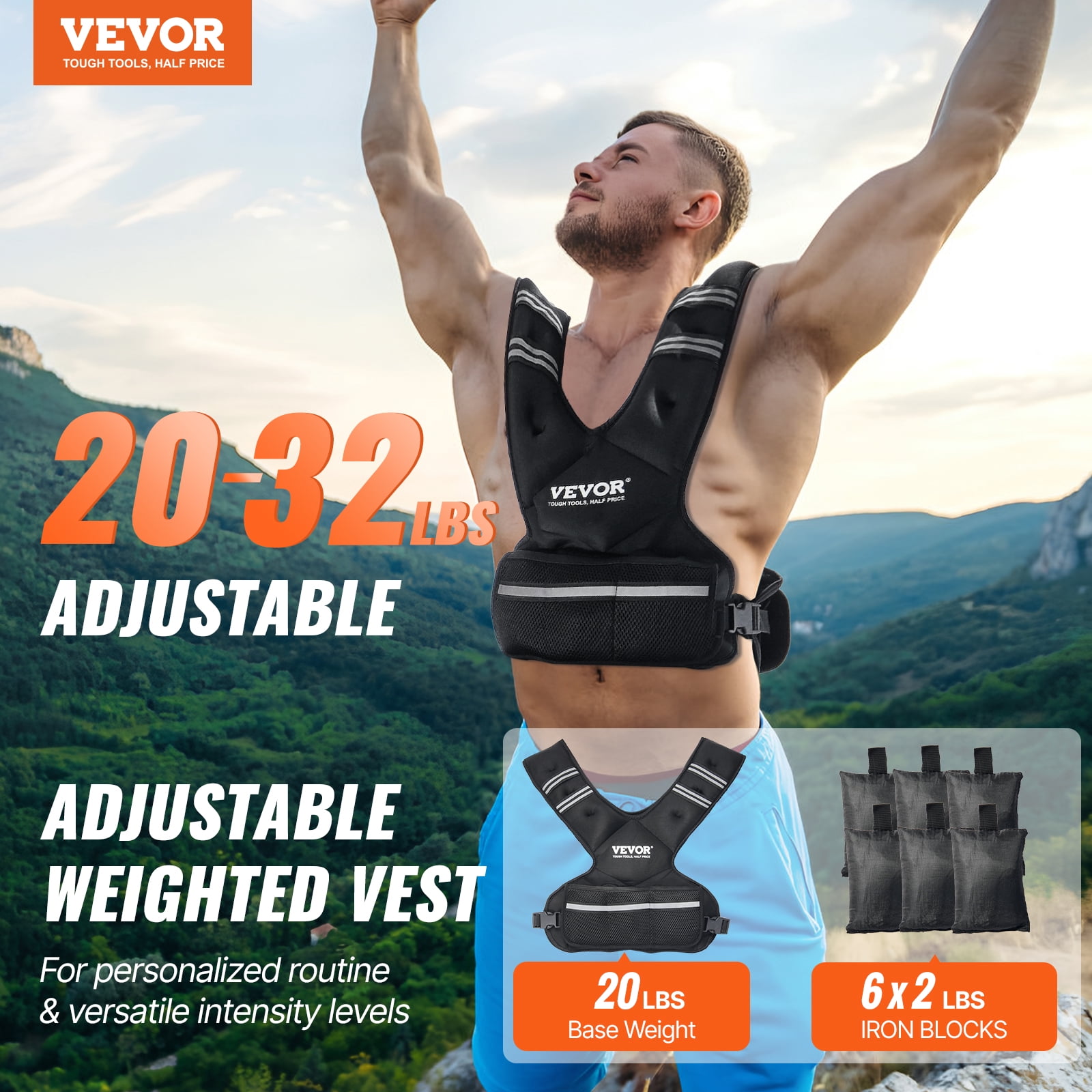 VEVOR Adjustable Weighted Vest, 20-32lb Weight Vest with 6 Ironsand Weights and Reflective Stripe, Body Weight Vest Exercise Set for Men Women, Workout Equipment for Strength Training Running
