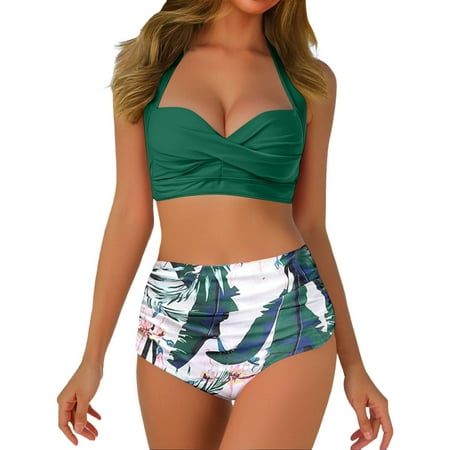 HABDGIKS Womens Bikini Swimsuits Set High Waisted Print Halter Bra Triangle Wrap Front Vintage Slim Backless Bathing Suit Swimming Wear Cut Out Swimsuit