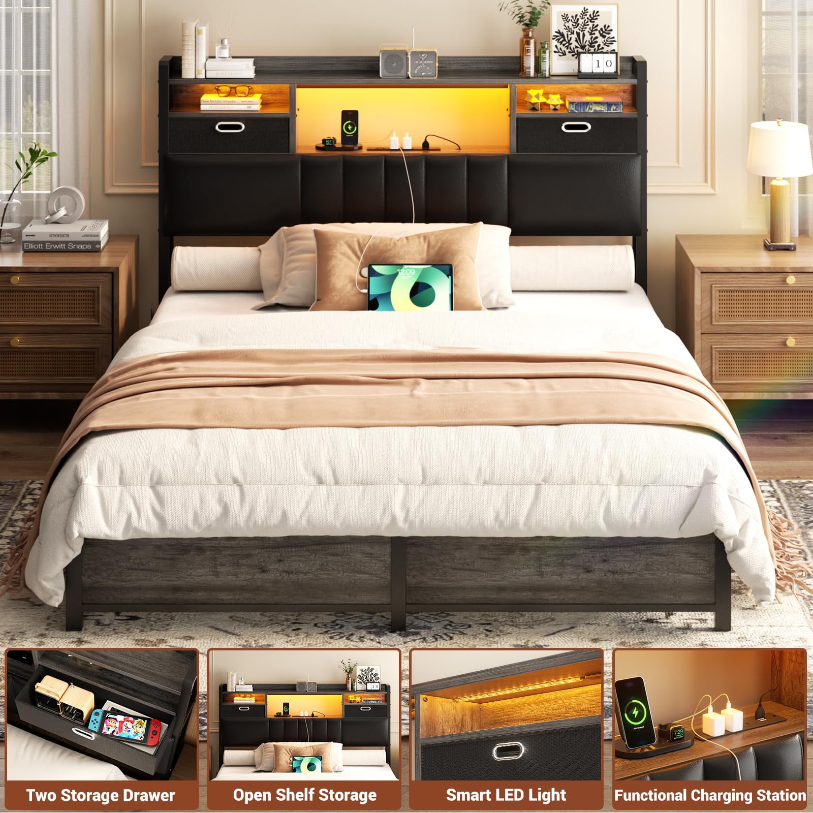 Aheaplus Twin Headboard with Drawer Storage and RGB LED Light, Twin Size Upholstered Headboard with Charging Station and Bookcase, for Bedroom/Dorm Room/Guest Room, Black Oak
