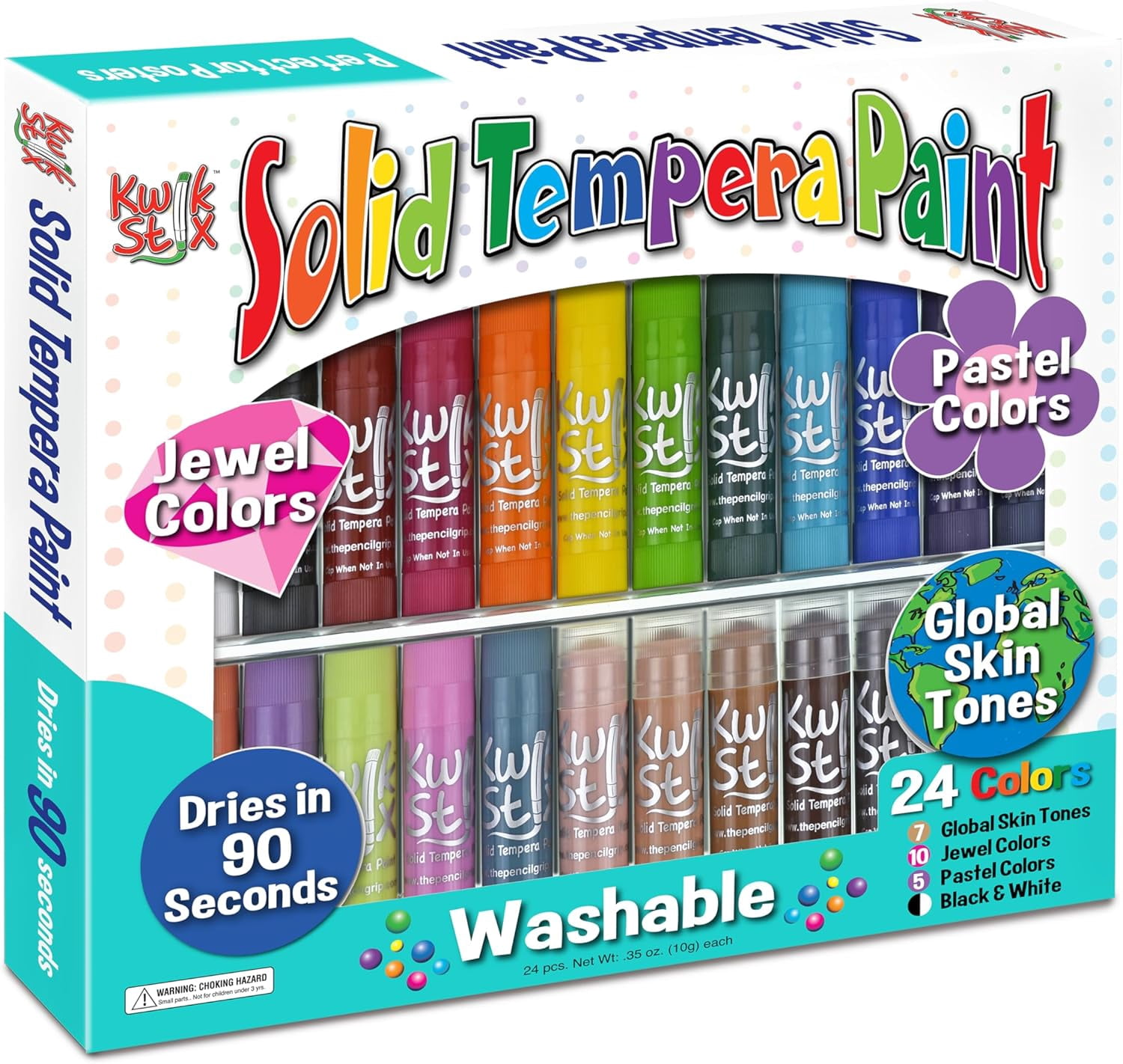 Kwik Stix Solid Tempera Paint Sticks, 24 Count, Washable, Quick-Drying, Non-Toxic, Pastel, Jewel, Skin Tone, and Black & White Colors