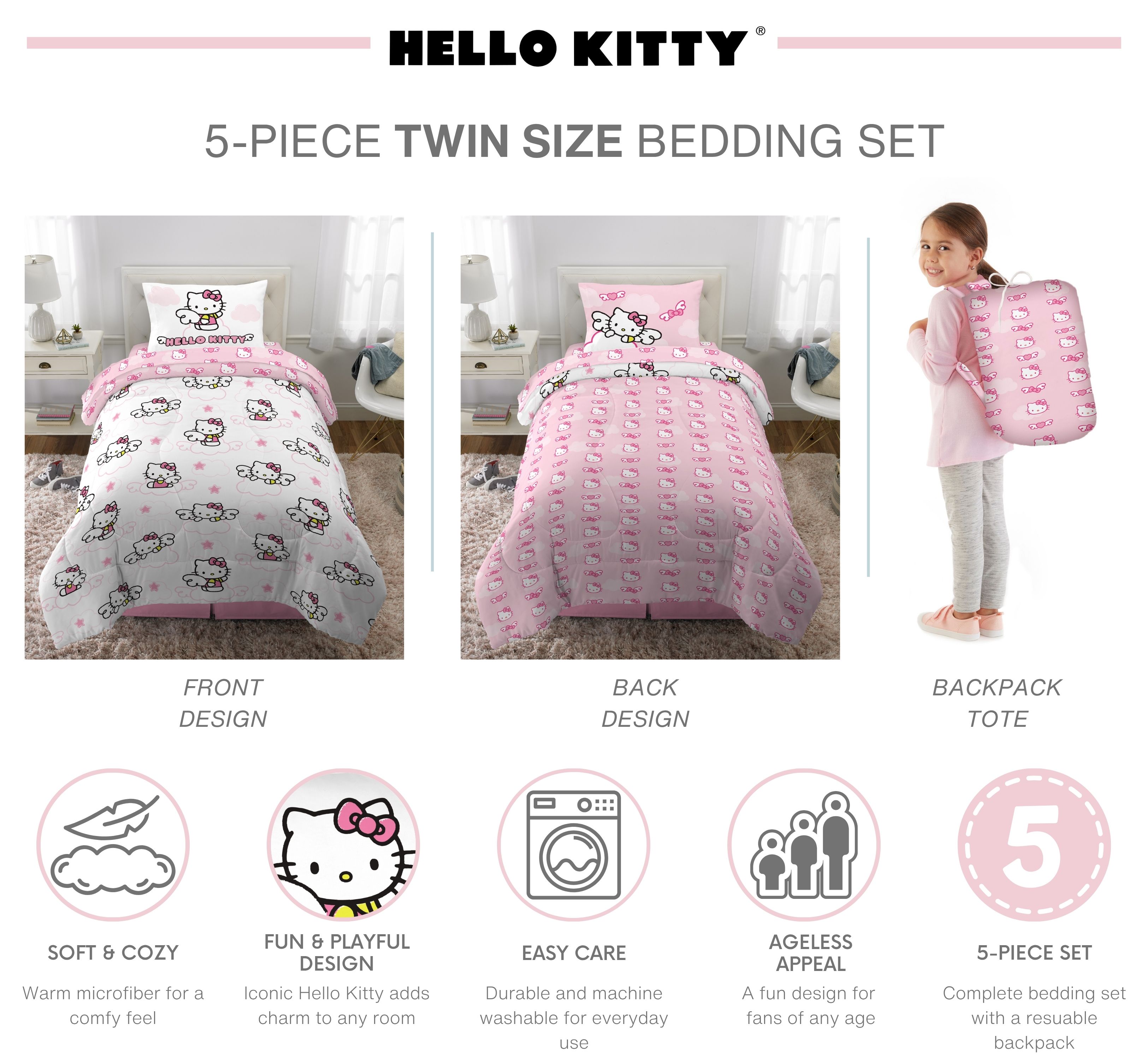 Hello Kitty Kids 5 Piece Reversible Comforter, Bed in a Bag, Twin