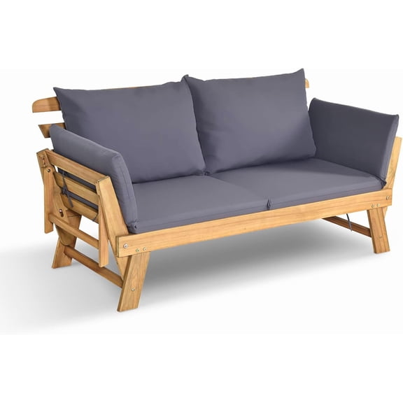 DORTALA Patio Convertible Couch Sofa Bed, Acacia Wood Daybed with Adjustable Armrest, Collapsible Chaise Lounge w/Cushions & Pillows, Grey