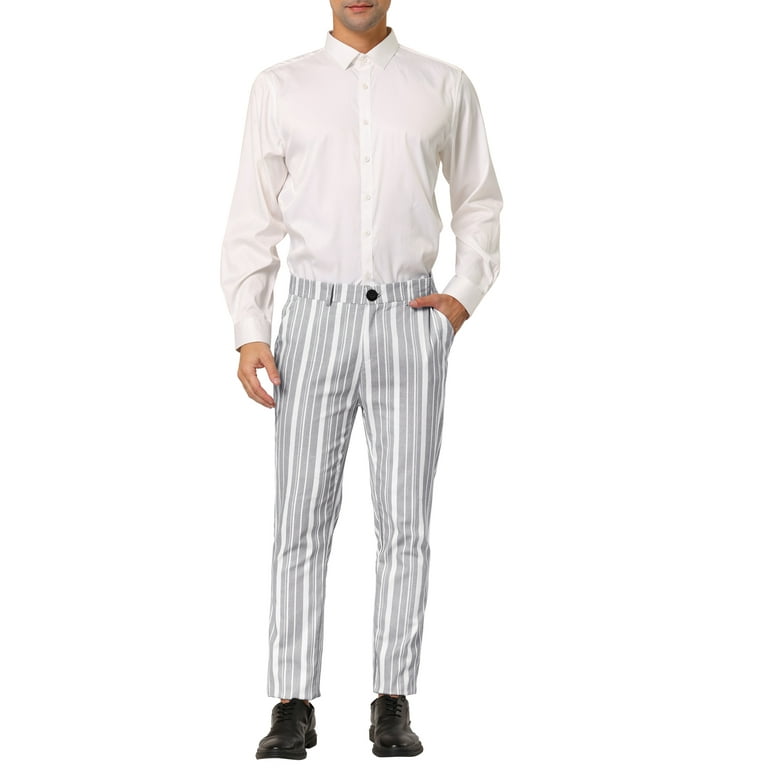 Lars Amadeus Men's Dress Striped Slim Fit Flat Front Business Trousers  White 34