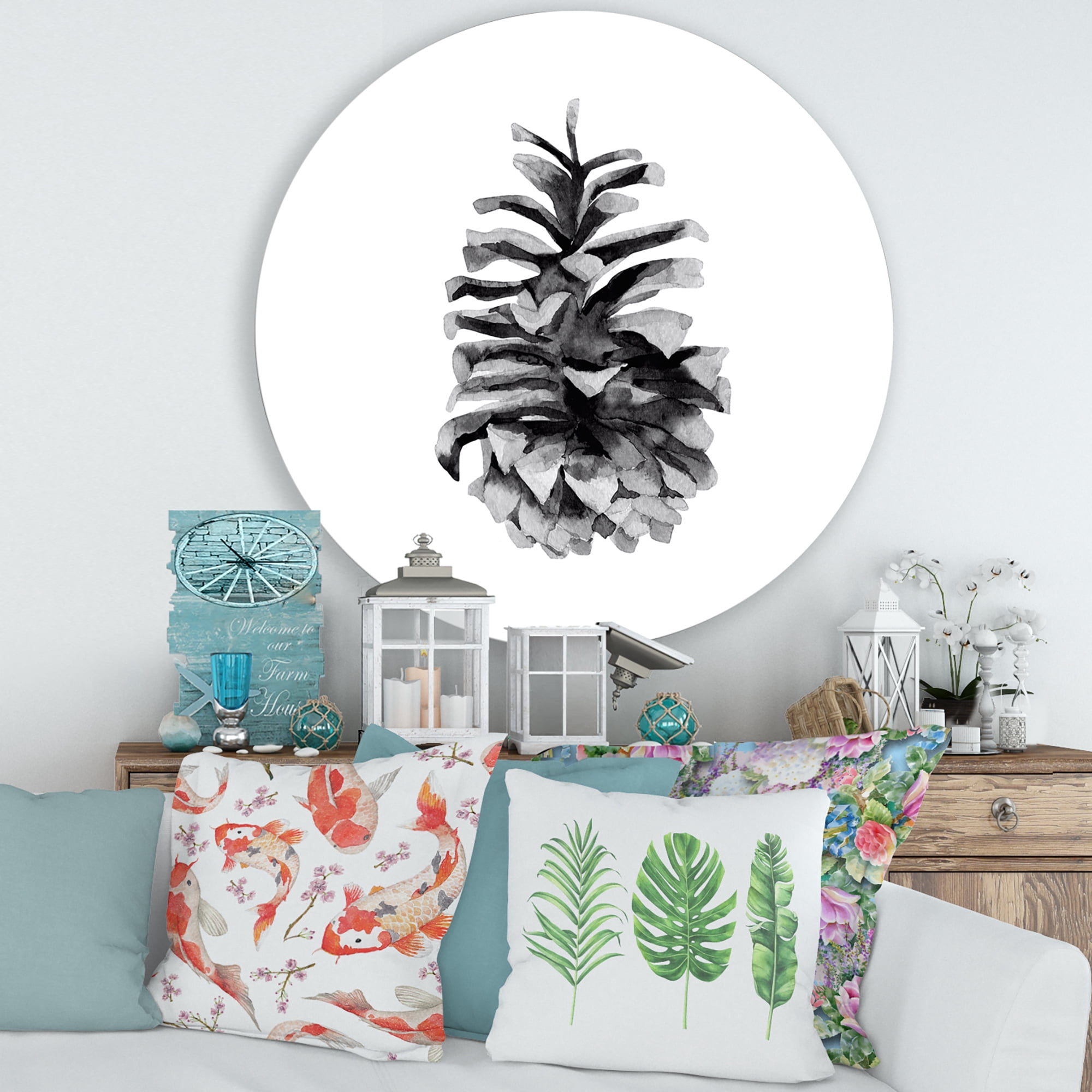 Designart 'Conifer Cone Black and White' Traditional Circle Metal Wall Art 29x29 - Disc of 29