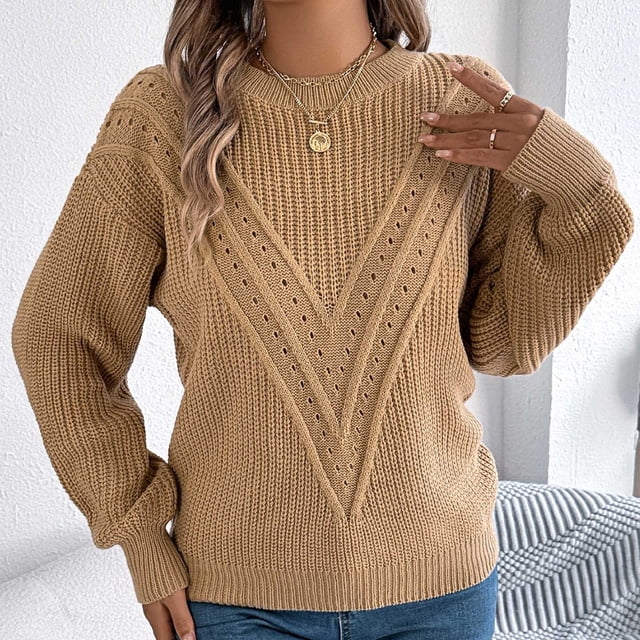 Suéter de cuello redondo para mujer, moda de invierno, informal, cuello redondo, elegante, color sólido, con volantes, manga larga, suéter, blusa de poliéster para mujer